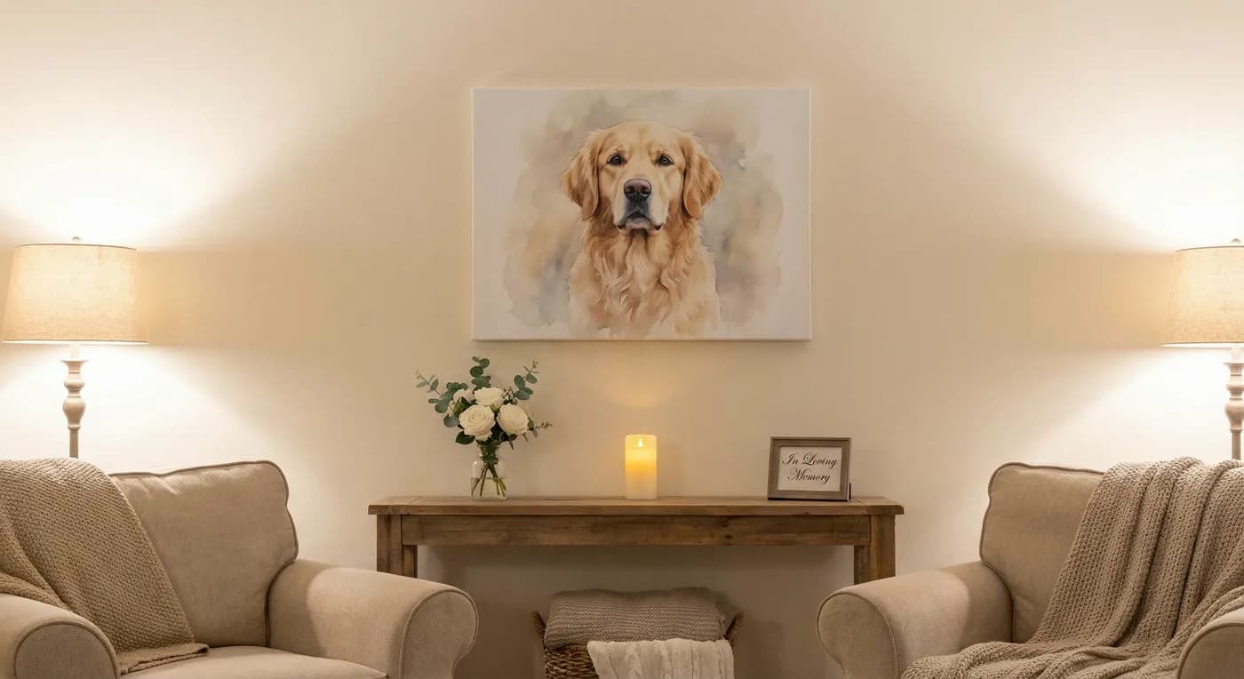 Pet memorial portrait in a peaceful home setting