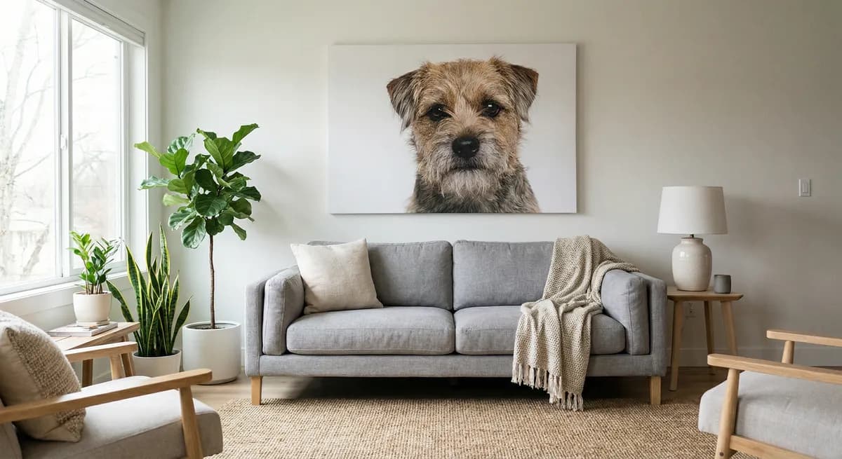 Custom pet portrait on canvas in a beautiful living room